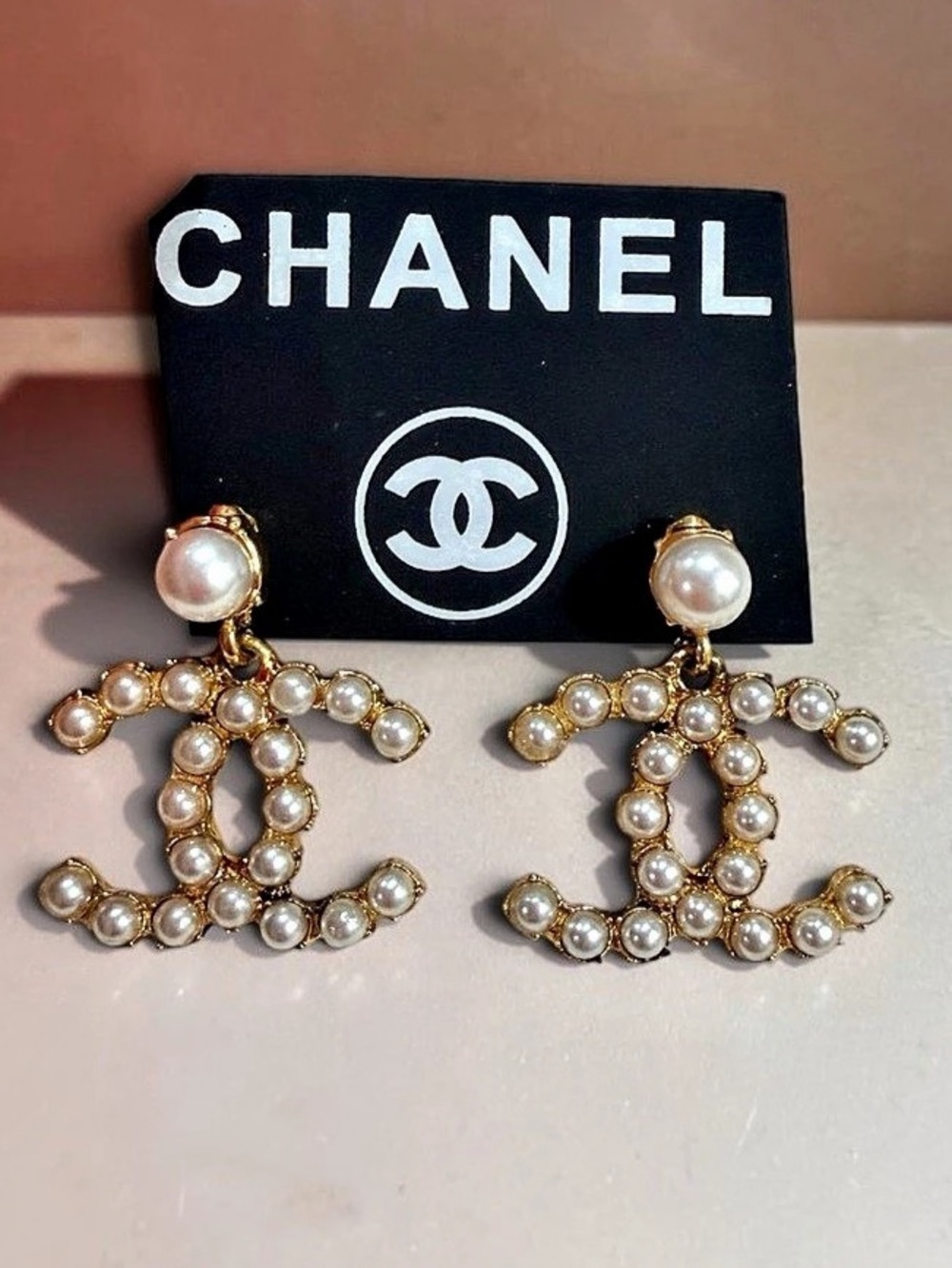 Pearl CC Drop Earrings in Gold & White | New